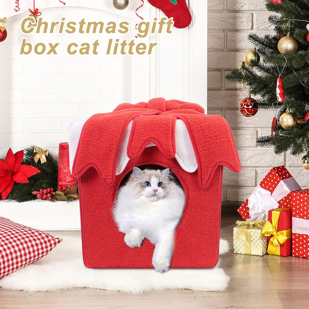 Christmas Cat Bed Gift Box Design Cat Tent Nest for Indoor Cats Warm Cozy Plush Pet Cave Winter Resting House for Cats Image 2