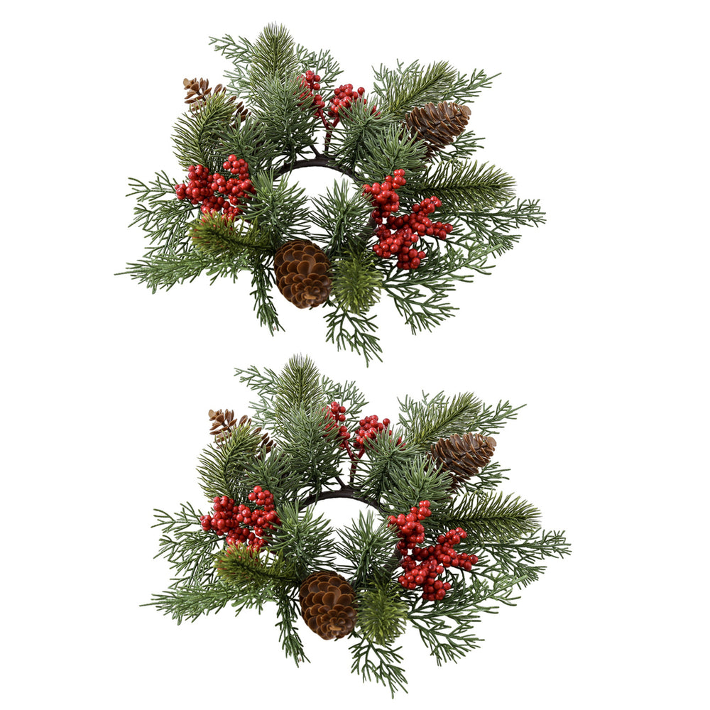 2 Pcs Christmas Candle Rings Artificial Pine Needle Red Berries Garland Realistic Pine Branch Candle Wreath for Holiday Image 2