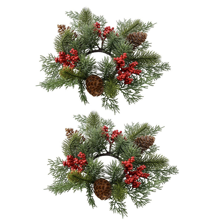 2 Pcs Christmas Candle Rings Artificial Pine Needle Red Berries Garland Realistic Pine Branch Candle Wreath for Holiday Image 1