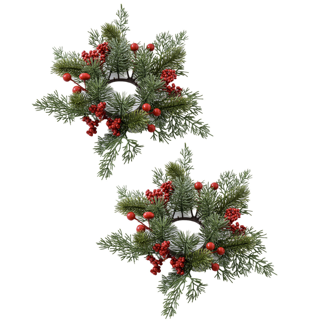 2 Pcs Christmas Candle Rings Artificial Pine Needle Red Berries Garland Realistic Pine Branch Candle Wreath for Holiday Image 3