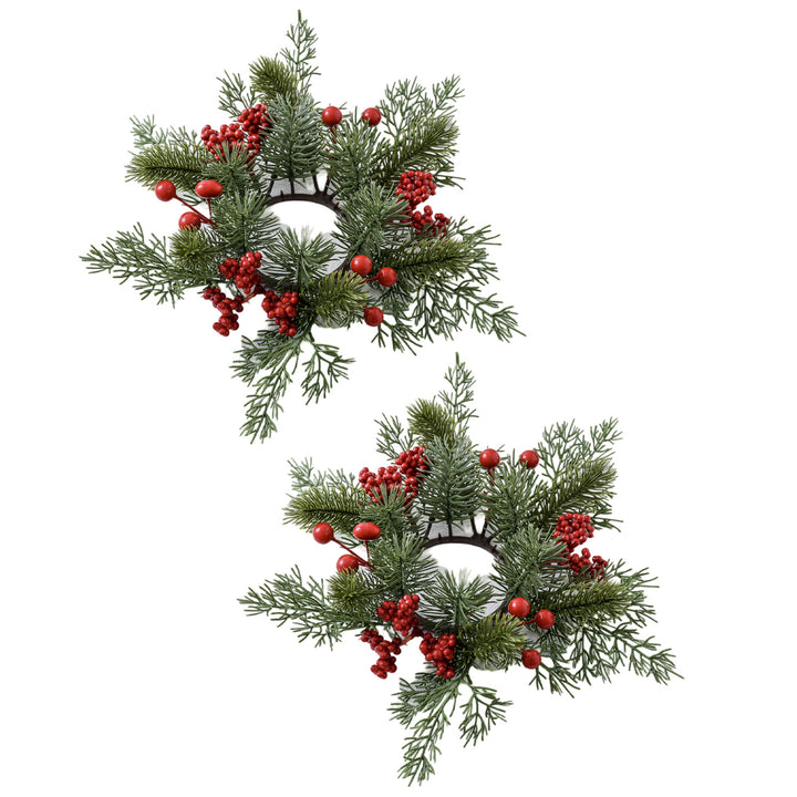 2 Pcs Christmas Candle Rings Artificial Pine Needle Red Berries Garland Realistic Pine Branch Candle Wreath for Holiday Image 3