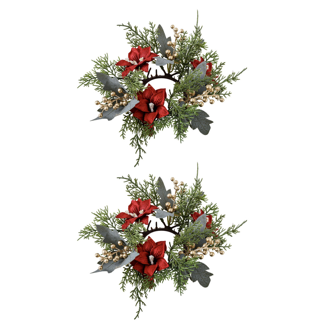 2 Pcs Christmas Candle Rings Artificial Pine Needle Red Berries Garland Realistic Pine Branch Candle Wreath for Holiday Image 4