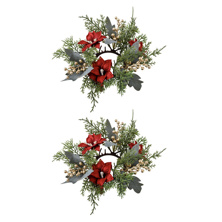 2 Pcs Christmas Candle Rings Artificial Pine Needle Red Berries Garland Realistic Pine Branch Candle Wreath for Holiday Image 4