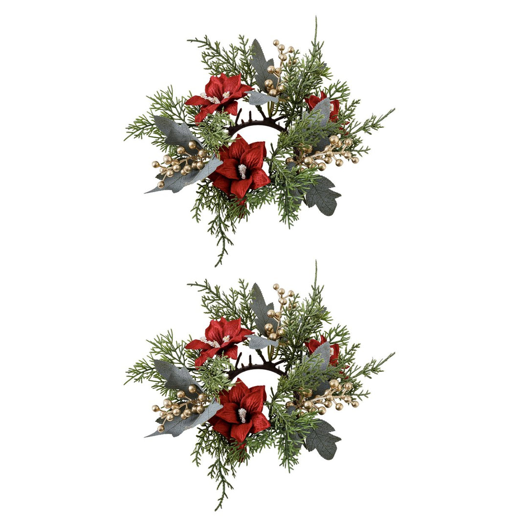 2 Pcs Christmas Candle Rings Artificial Pine Needle Red Berries Garland Realistic Pine Branch Candle Wreath for Holiday Image 1