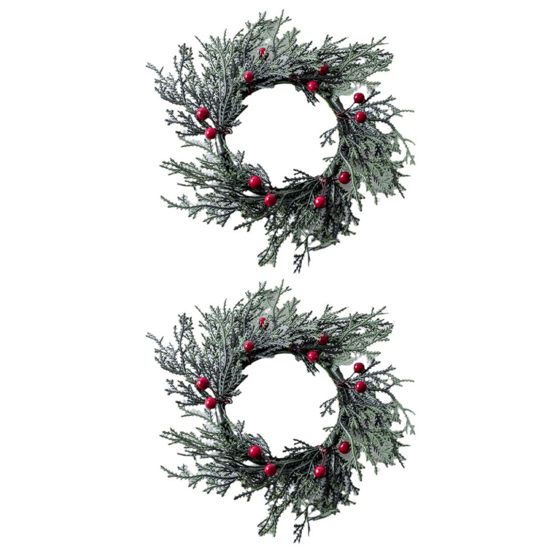 2 Pcs Christmas Candle Rings Artificial Pine Needle Red Berries Garland Realistic Pine Branch Candle Wreath for Holiday Image 1