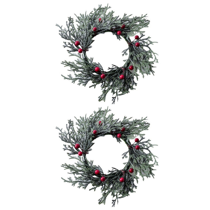 2 Pcs Christmas Candle Rings Artificial Pine Needle Red Berries Garland Realistic Pine Branch Candle Wreath for Holiday Image 1