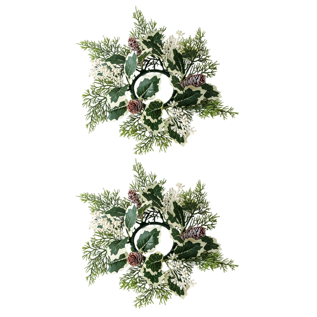 2 Pcs Christmas Candle Rings Artificial Pine Needle Red Berries Garland Realistic Pine Branch Candle Wreath for Holiday Image 7