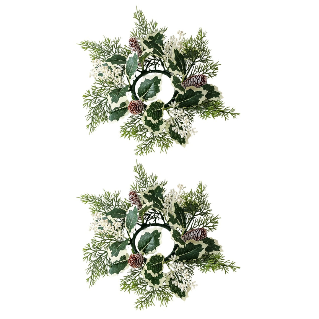 2 Pcs Christmas Candle Rings Artificial Pine Needle Red Berries Garland Realistic Pine Branch Candle Wreath for Holiday Image 1