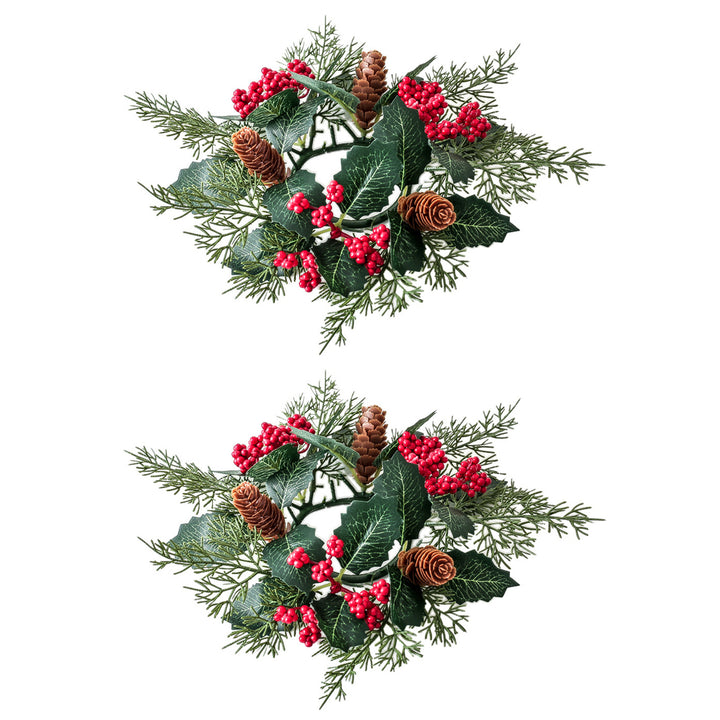 2 Pcs Christmas Candle Rings Artificial Pine Needle Red Berries Garland Realistic Pine Branch Candle Wreath for Holiday Image 9