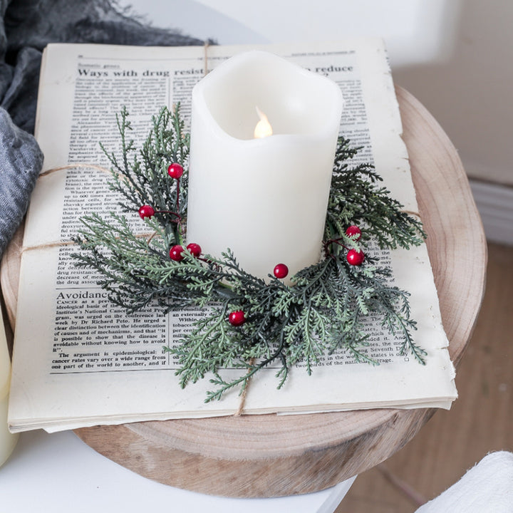 2 Pcs Christmas Candle Rings Artificial Pine Needle Red Berries Garland Realistic Pine Branch Candle Wreath for Holiday Image 12