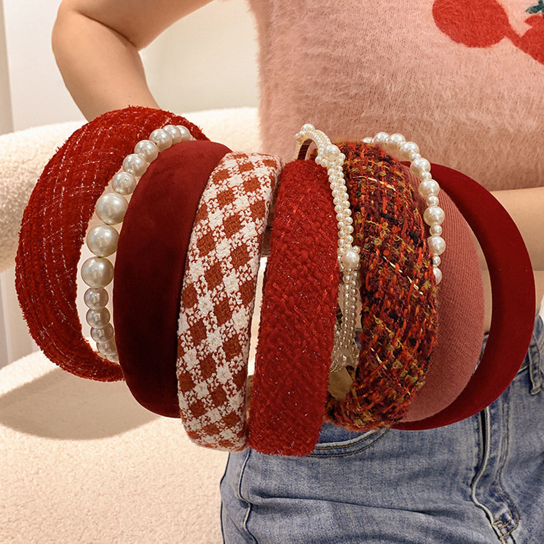 Red Plaid Padded Headband Faux Pearls Decor Wide Anti-slip Hair Hoop Women Christmas Festive Hair Accessories Image 10