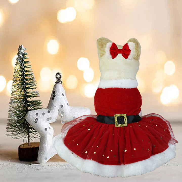 Pet Dress Christmas Pet Costume Shiny Mesh Glitter Santa Dress with Hairband Easy to Wear Clean for Festive Photos Image 1