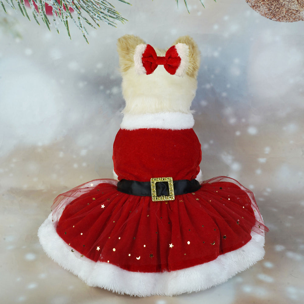 Pet Dress Christmas Pet Costume Shiny Mesh Glitter Santa Dress with Hairband Easy to Wear Clean for Festive Photos Image 2