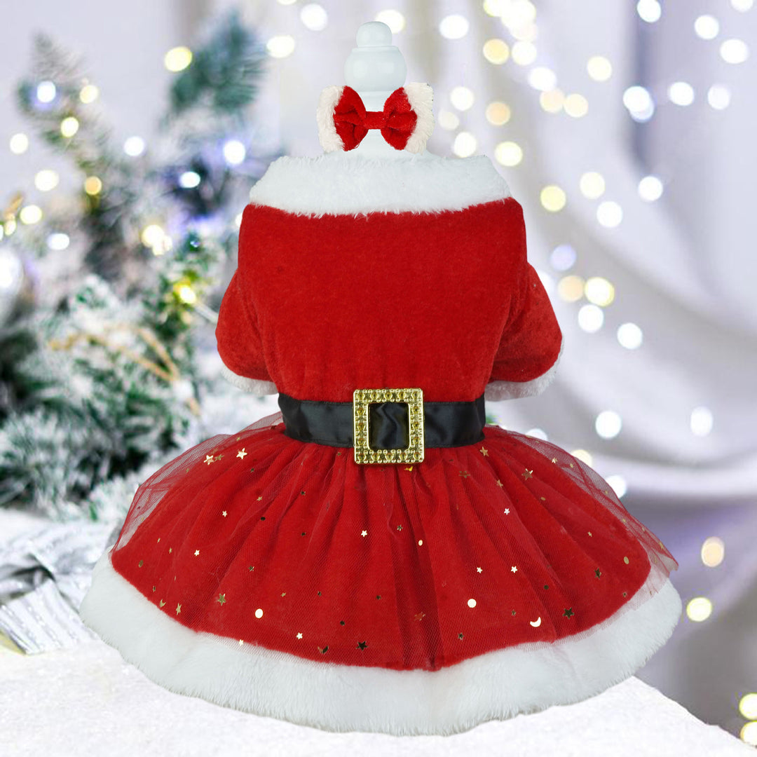 Pet Dress Christmas Pet Costume Shiny Mesh Glitter Santa Dress with Hairband Easy to Wear Clean for Festive Photos Image 3