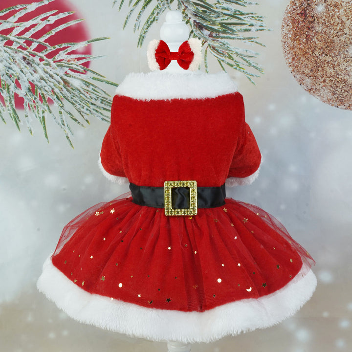 Pet Dress Christmas Pet Costume Shiny Mesh Glitter Santa Dress with Hairband Easy to Wear Clean for Festive Photos Image 4