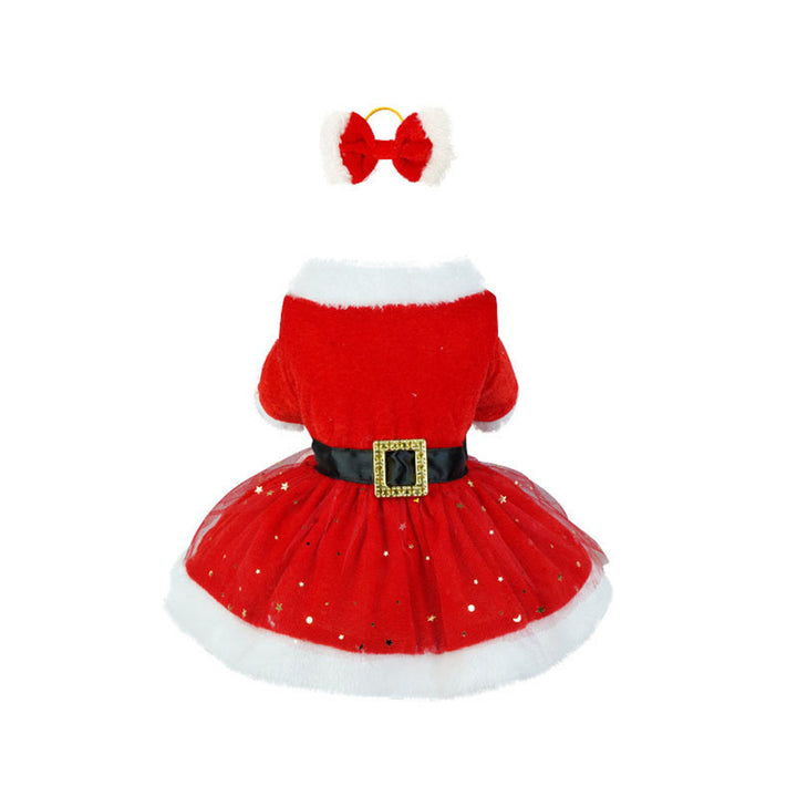 Pet Dress Christmas Pet Costume Shiny Mesh Glitter Santa Dress with Hairband Easy to Wear Clean for Festive Photos Image 4