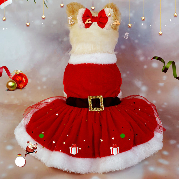 Pet Dress Christmas Pet Costume Shiny Mesh Glitter Santa Dress with Hairband Easy to Wear Clean for Festive Photos Image 6