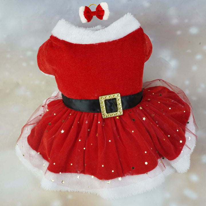 Pet Dress Christmas Pet Costume Shiny Mesh Glitter Santa Dress with Hairband Easy to Wear Clean for Festive Photos Image 7