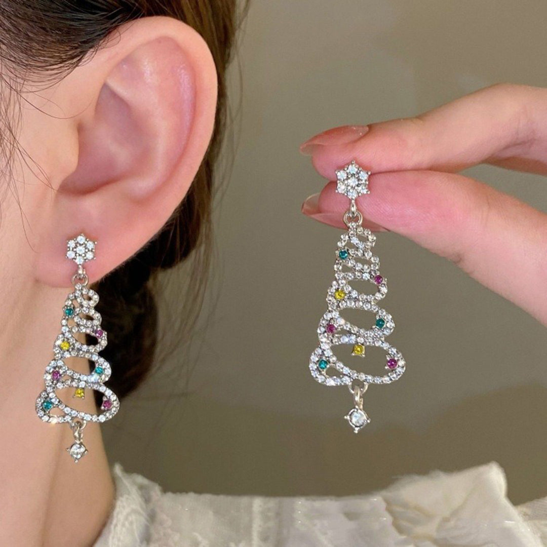 1 Pair Women Earrings Christmas Tree Shape Cubic Zirconia Decor Hollow Out Hanging Earrings Year Party Dangle Earrings Image 8