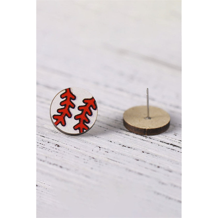 White Wooden Baseball Studded Earrings Image 1