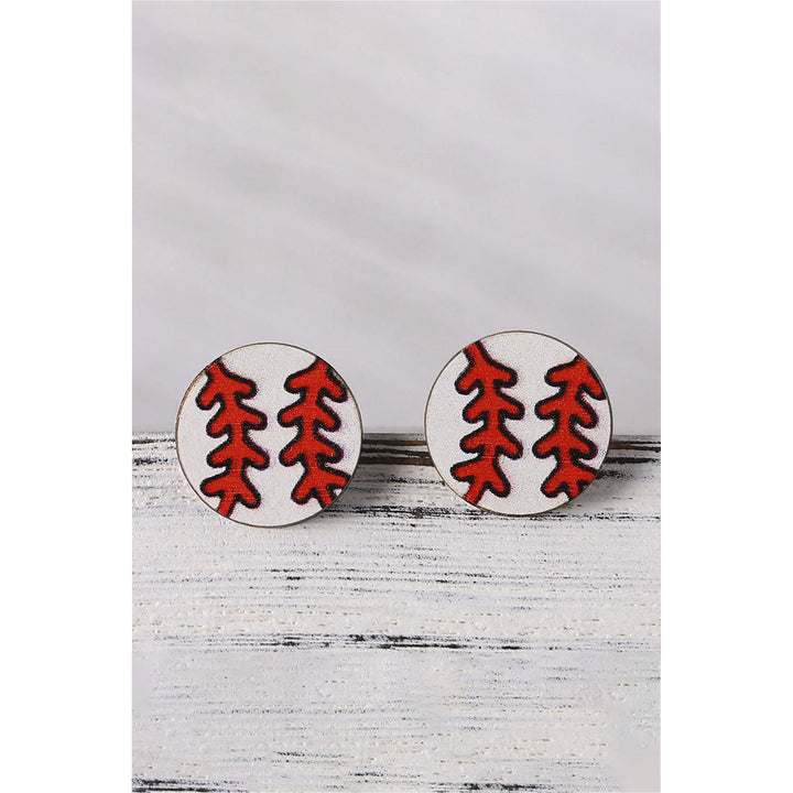 White Wooden Baseball Studded Earrings Image 2