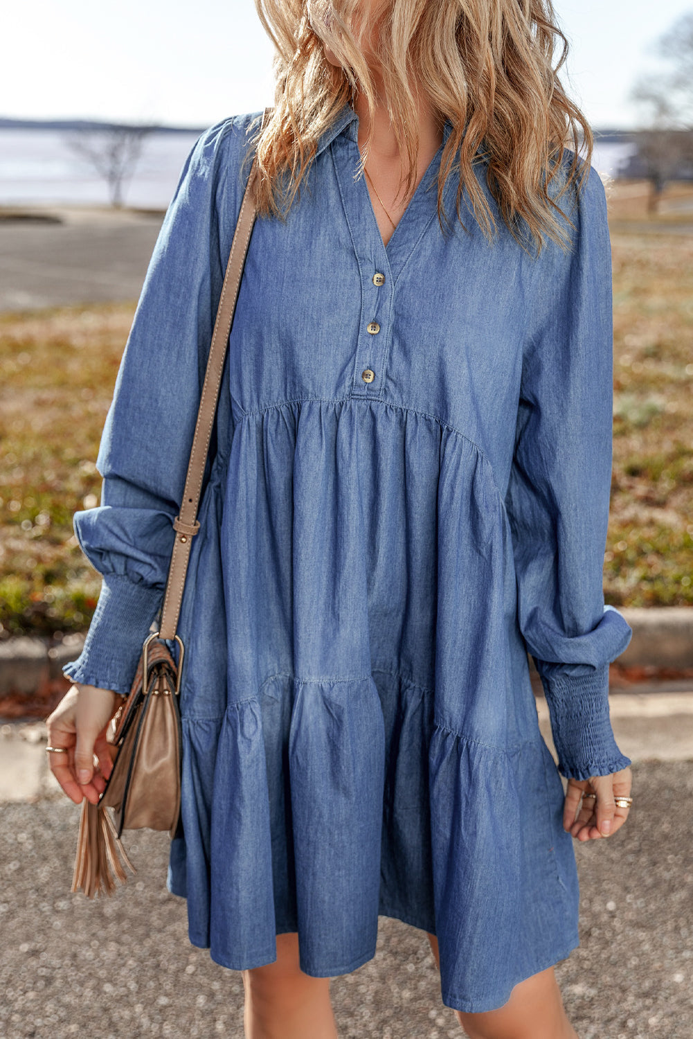 Vivian Buttoned Tiered Denim Mini Dress Image 4