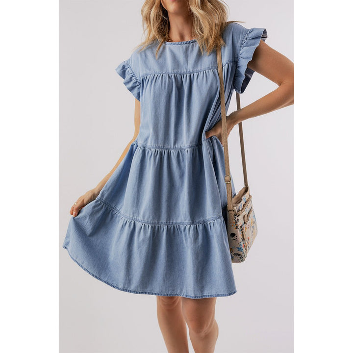 Zoey Ruffle Short Sleeve Tiered A-line Denim Dress Image 1