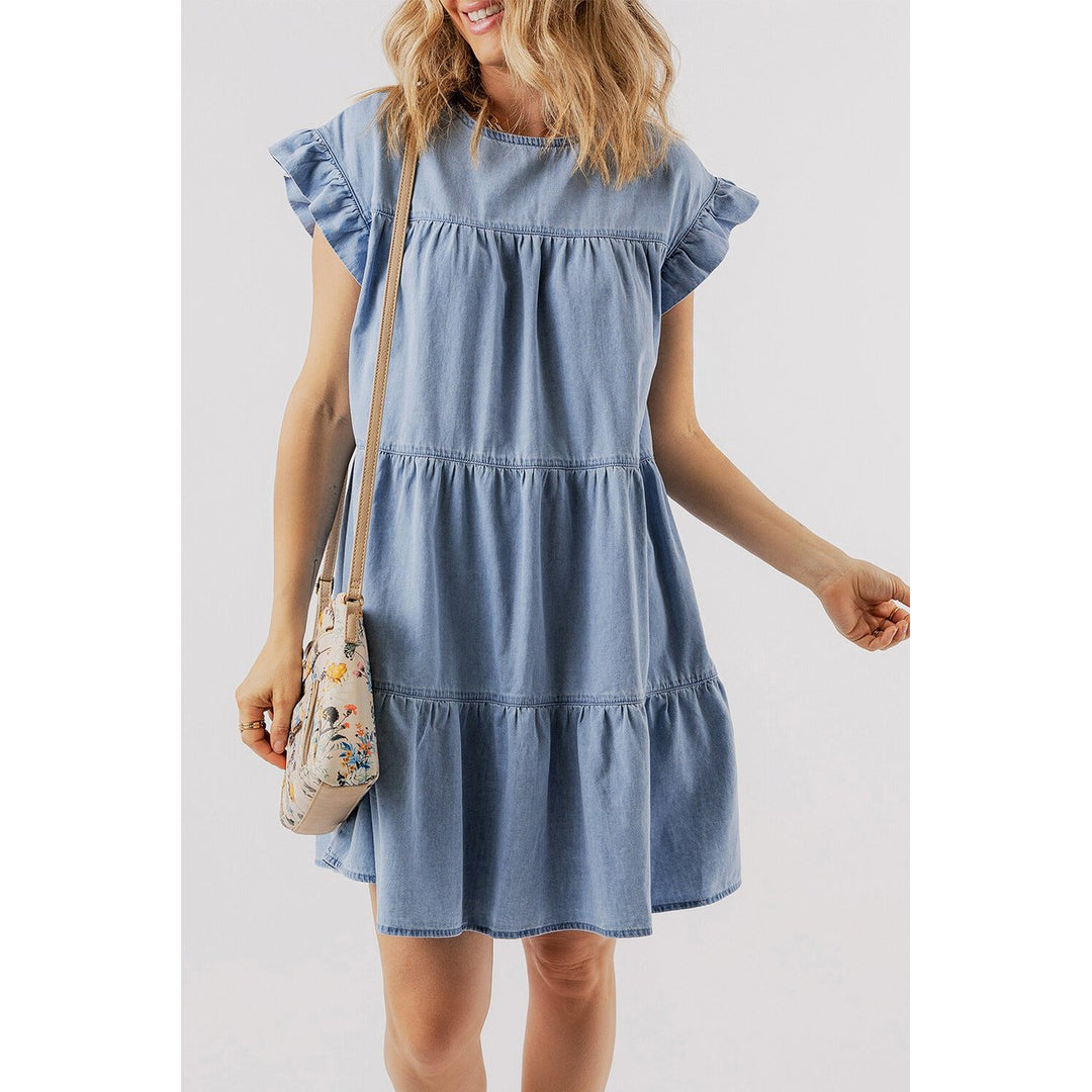 Zoey Ruffle Short Sleeve Tiered A-line Denim Dress Image 3