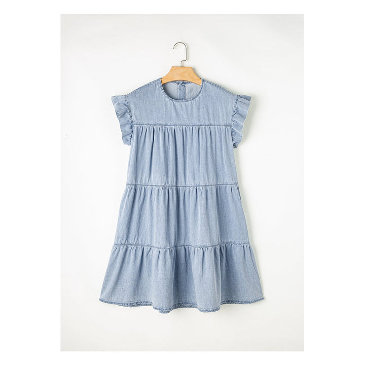 Zoey Ruffle Short Sleeve Tiered A-line Denim Dress Image 4