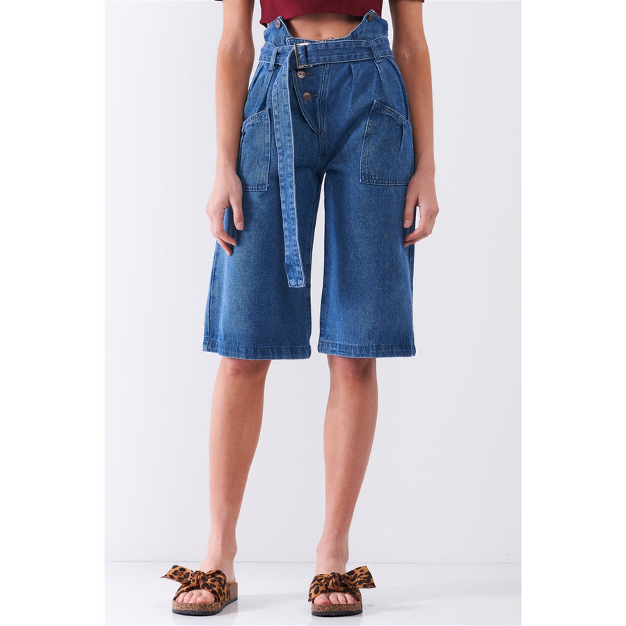 Mid Blue Denim Front Cut-out High-waist Buckle Self-tie Belt Detail Midi Flare Jean Pants Image 1