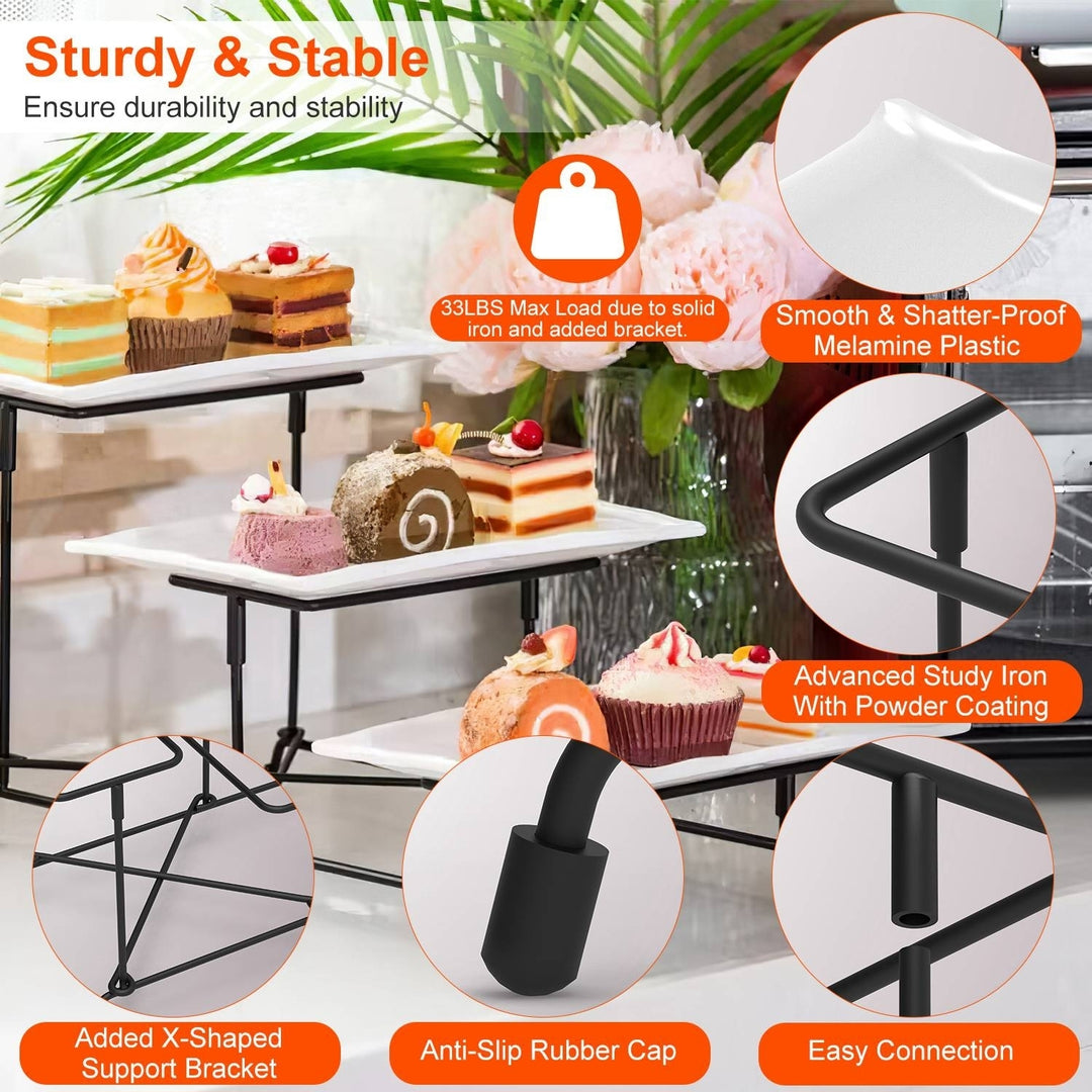 3-Tier Plastic Serving Tray Dessert Server Display Serving Stand Dinnerware with 3 Rectangular Plastic Serving Platters Image 3