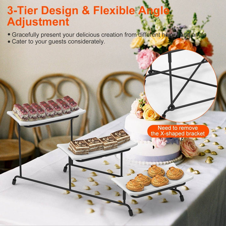 3-Tier Plastic Serving Tray Dessert Server Display Serving Stand Dinnerware with 3 Rectangular Plastic Serving Platters Image 4