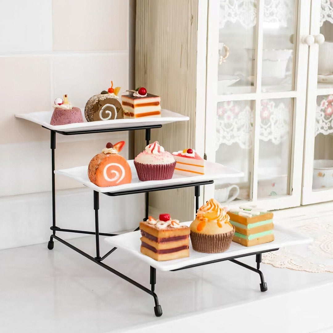 3-Tier Plastic Serving Tray Dessert Server Display Serving Stand Dinnerware with 3 Rectangular Plastic Serving Platters Image 1