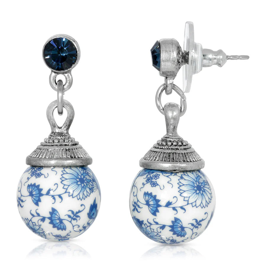 Womens Earrings Jewelry Blue Willow Round Beaded Post Drop Earrings Image 1