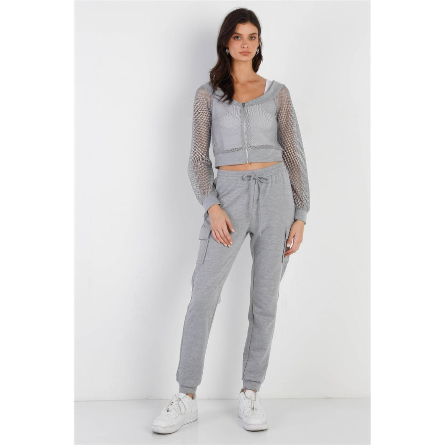 Heather Grey Contrast Fishnet Zip-up Top and Pants Set Image 1