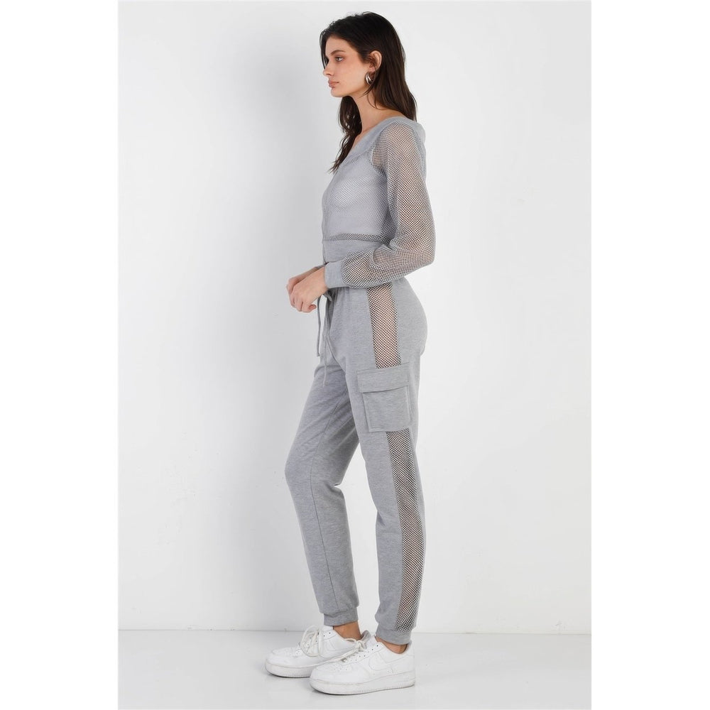 Heather Grey Contrast Fishnet Zip-up Top and Pants Set Image 2