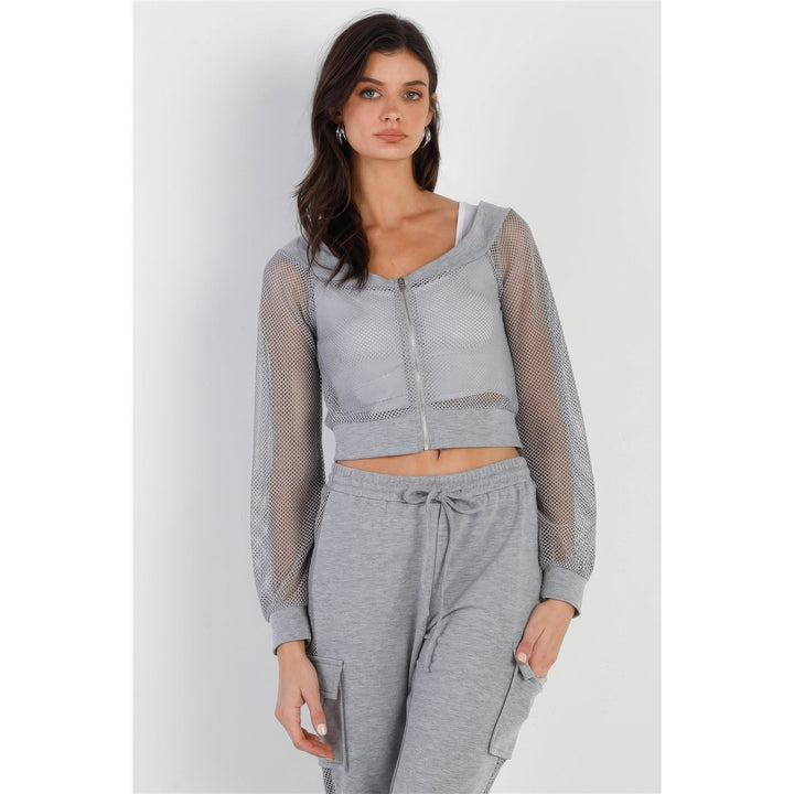 Heather Grey Contrast Fishnet Zip-up Top and Pants Set Image 3