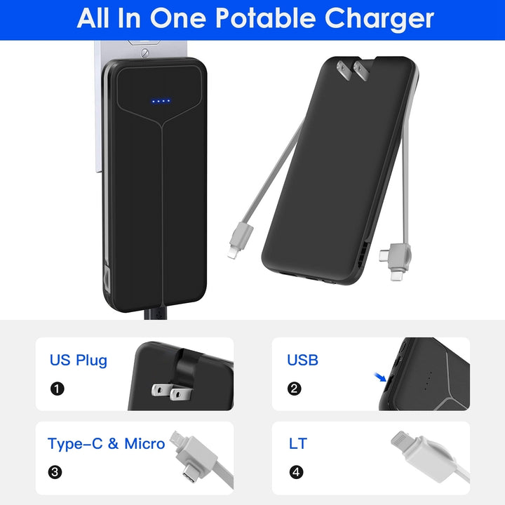 10000mAh Power Bank Portable Charger with US Plug 2 Built-in Cables External Battery Pack with 4 Ouputs 3 Inputs Image 6