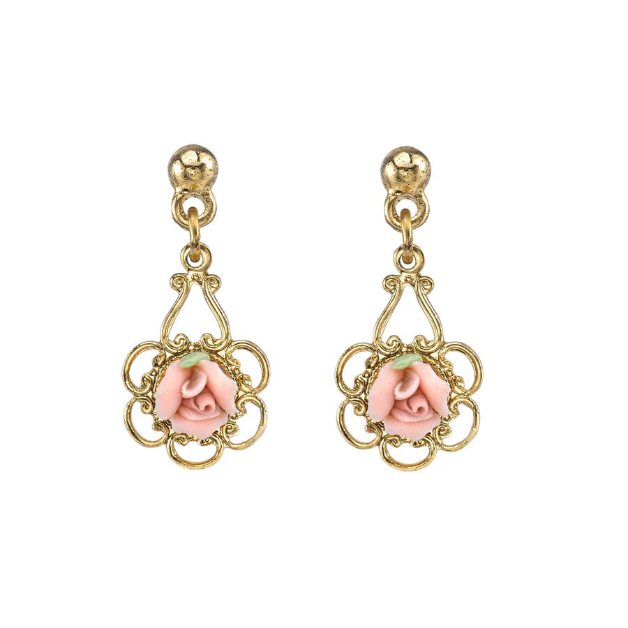 Womens Earrings Jewelry Porcelain Pink Rose Drop Earrings Image 1