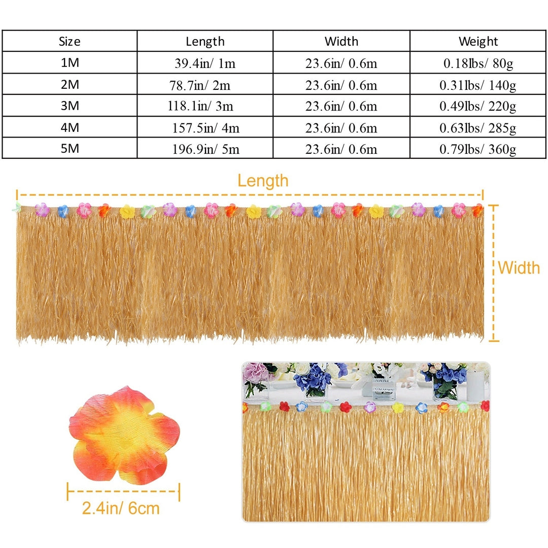 1M Grass Table Skirt Hawaiian Luau Party Decorations Supplies w/Hibiscus for Buffet BBQ Tiki Bar Beach Birthday Party Image 4