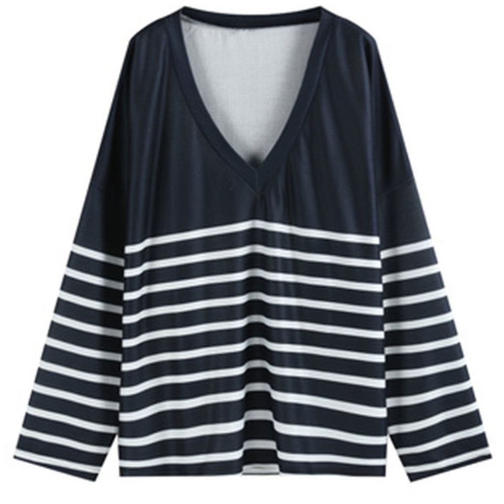 Plus Size Casual Top Womens Plus Colorblock Stripe Print Long Sleeve V Neck Top Image 2