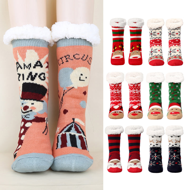 1 Pair Winter Floor Socks Thickened Fuzzy Plush Warmth Retention Christmas Print Leg Warmer Silicone Bottom Fall Winter Image 1