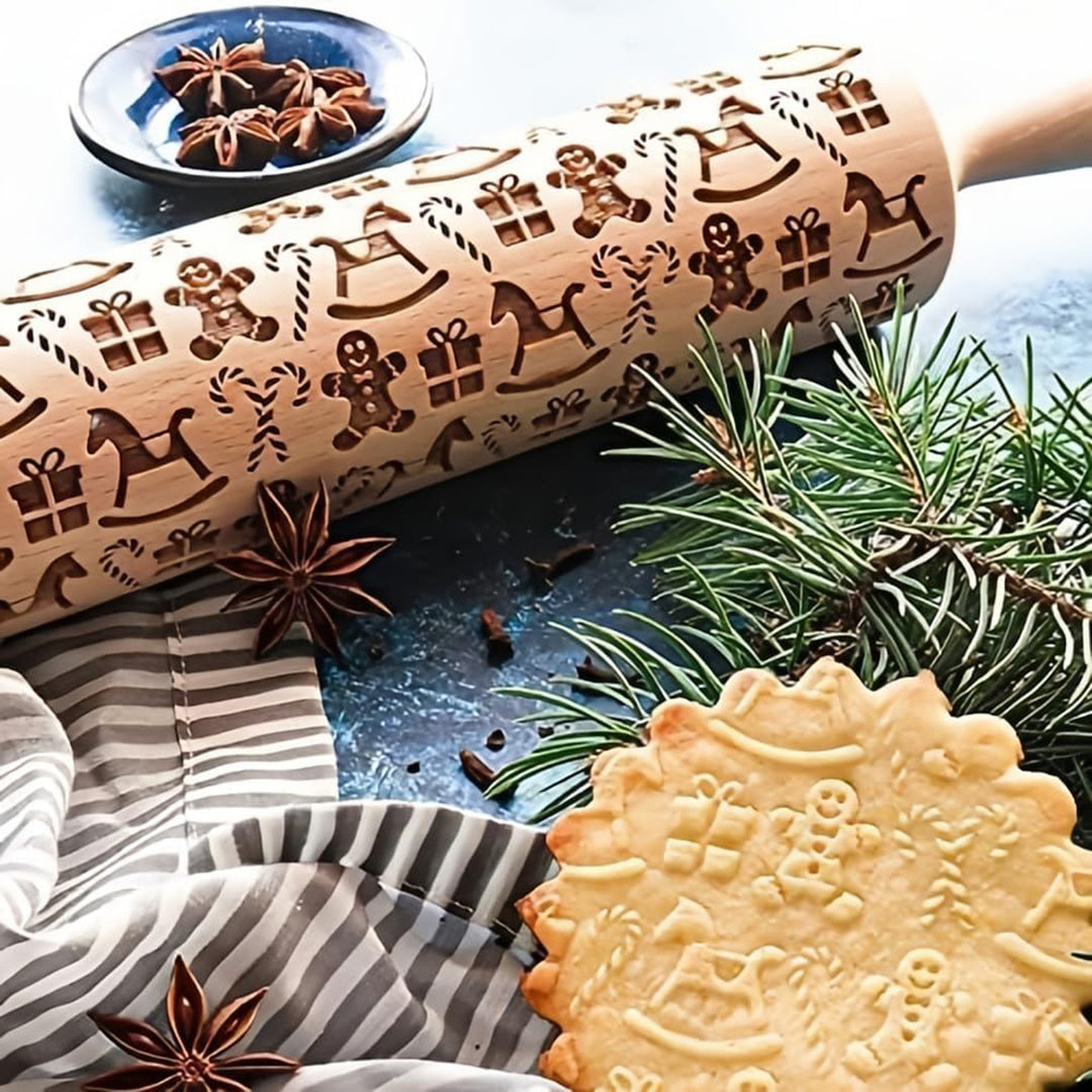 Christmas Wooden Rolling Pin Exquisite Pattern Moisture-resistant Widely Used Engraved Embossing Rolling Pin Kitchen Image 1