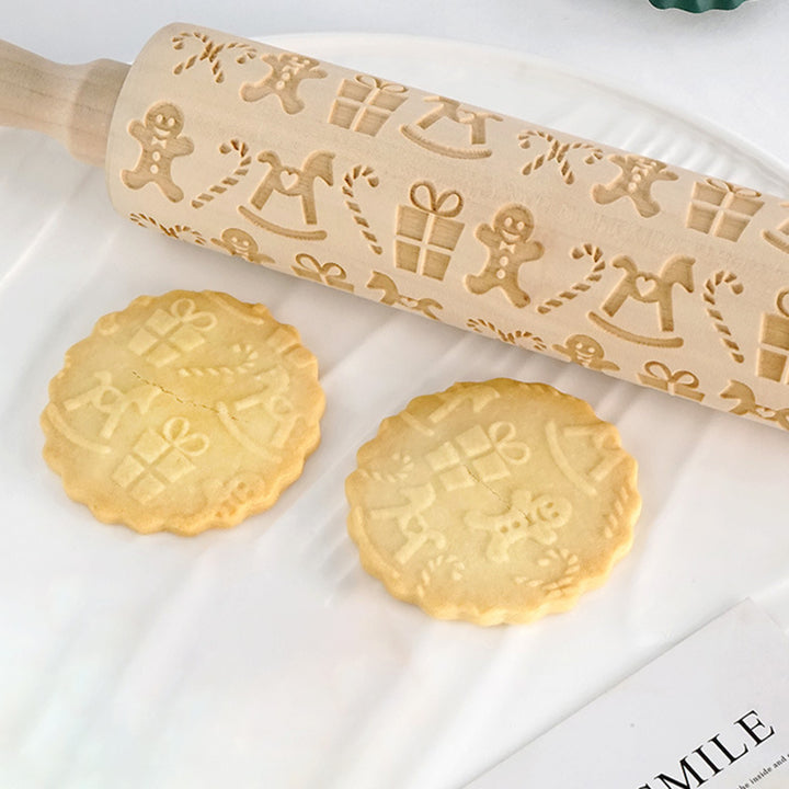 Christmas Wooden Rolling Pin Exquisite Pattern Moisture-resistant Widely Used Engraved Embossing Rolling Pin Kitchen Image 4