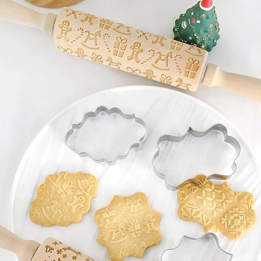 Christmas Wooden Rolling Pin Exquisite Pattern Moisture-resistant Widely Used Engraved Embossing Rolling Pin Kitchen Image 7