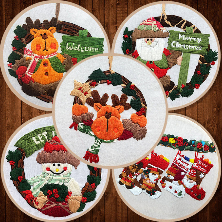 Christmas Embroidery Kit for Beginners And Adults Christmas Cross Stitch Kit DIY Elk Snowman Embroidery Hoop Kit with Image 1