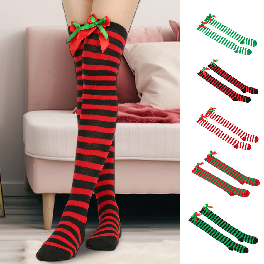 1 Pair Winter Christmas Socks Bow Decor Contrast Color Striped Warmth Retention Anti-slip Leg Warmer Fall Winter Image 1