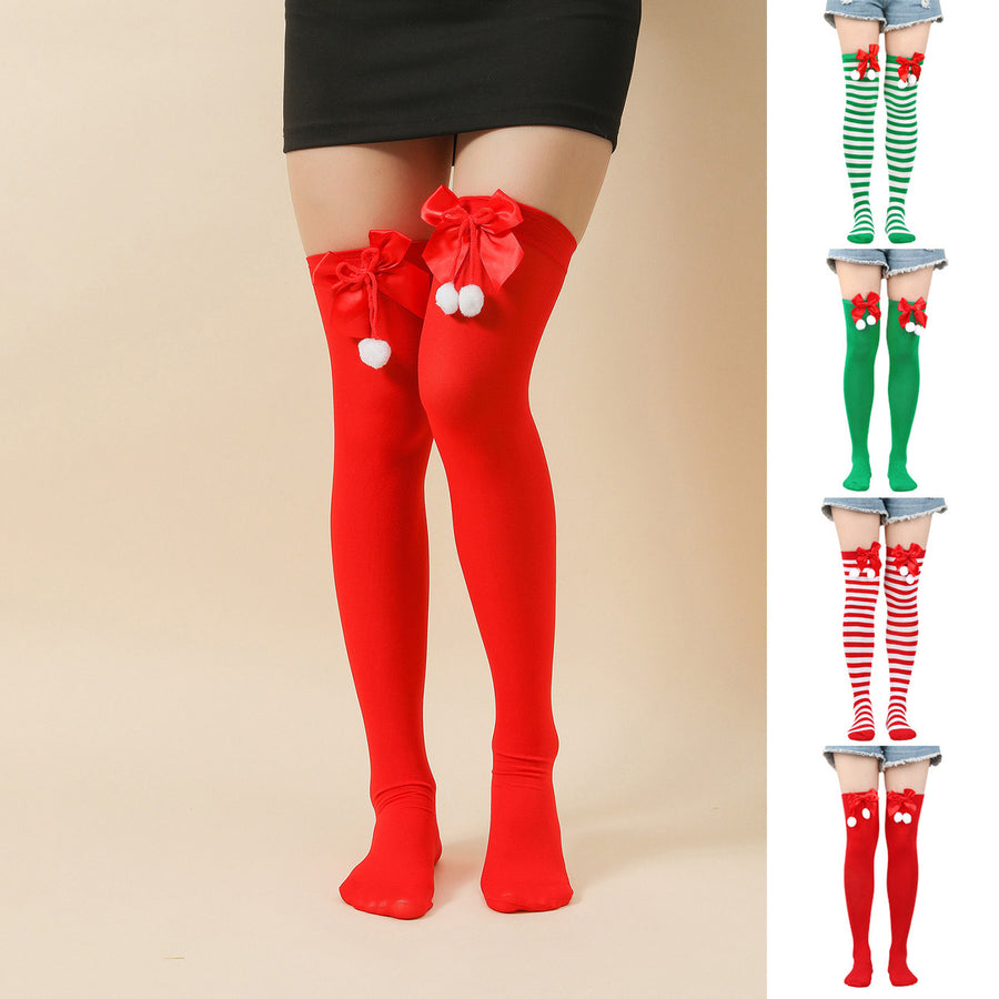 1 Pair Christmas Stockings Colorblock Striped Retro Bright Color Bow Decor Anti-slip Skinny Performances Cosplay Skirt Image 1