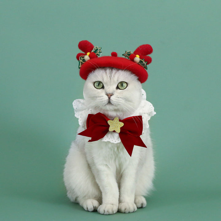 Wool Pet Beret Hat Christmas Red Cat Hat with Bow Warm Winter Holiday Costume for Daily Dressing Up Photography Outdoor Image 3