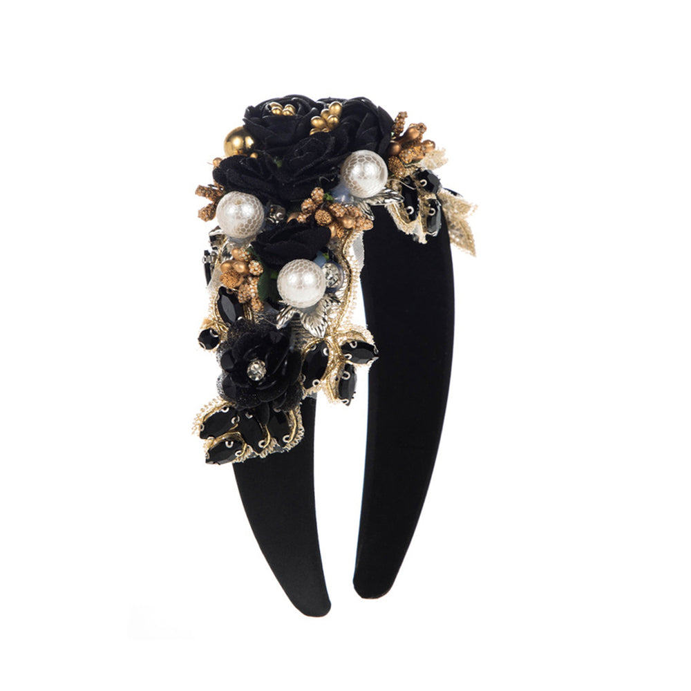 Women Heaband Fake Flower Faux Pearl Shiny Rhinestone Decor Wide Vintage Luxury Anti-slip Hair Hoop Anti-slip Hair Image 2